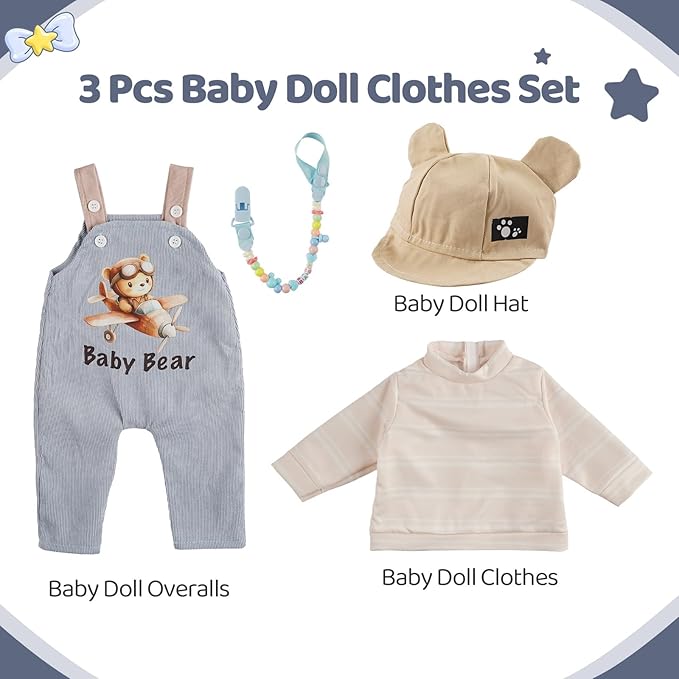 BABESIDE 4 Pcs Reborn Baby Doll Clothes Set for 17-22 Inch Babydolls, Cute Bear Doll Overalls Set with Hat and Dolls Pacifier Clip Chain for Realistic Baby Dolls, Blue