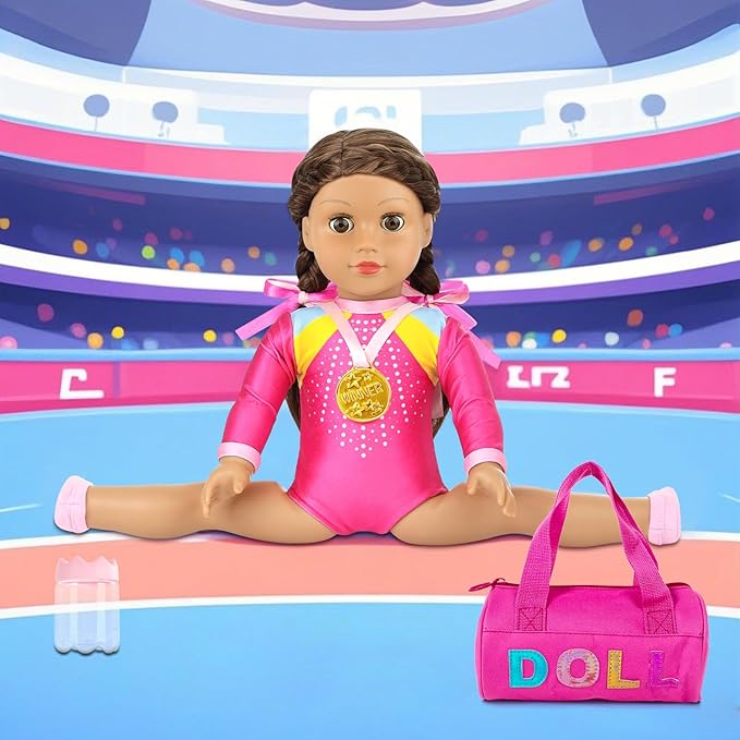 K.T. Fancy 18 Inch Doll Gymnastics Clothes Set - Pink Leotard, Shoes, Gym Bag, Olympic Medal, Water Bottle & Hair Accessories for Play （Doll Not Included）