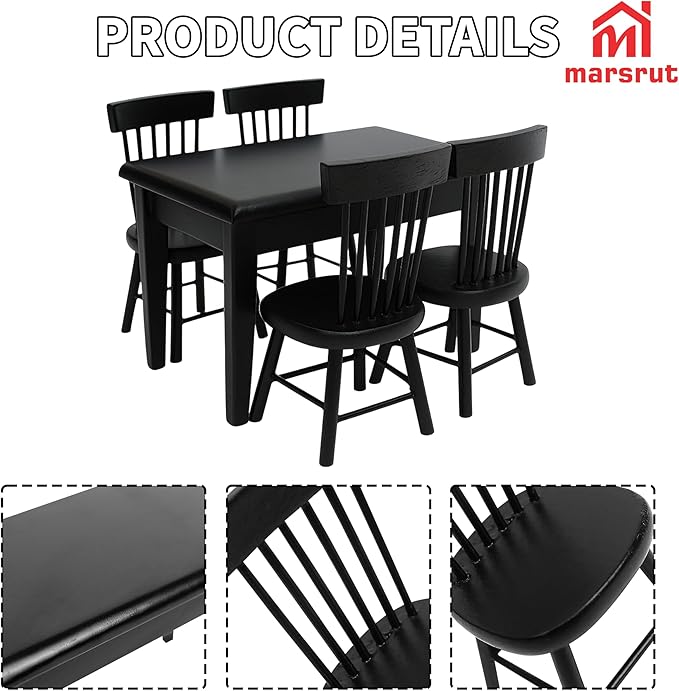 Miniature Dining Table and Chairs Set 5pcs – 1:12 Scale Dollhouse Room Furniture Kitchen Mini Wooden Chair Accessories, Model Accessory Decoration for Doll House DIY Hobby, Black
