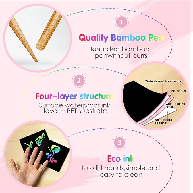 Eommmgl-180 Rainbow Scratch Paper Set,Scratch Art for 4-12 Kids, Mini Notes Arts and Craft Supplies,Matching Random Personalized Stencils ，Christmas Gift，School Classroom Activities, Travel Carrying.