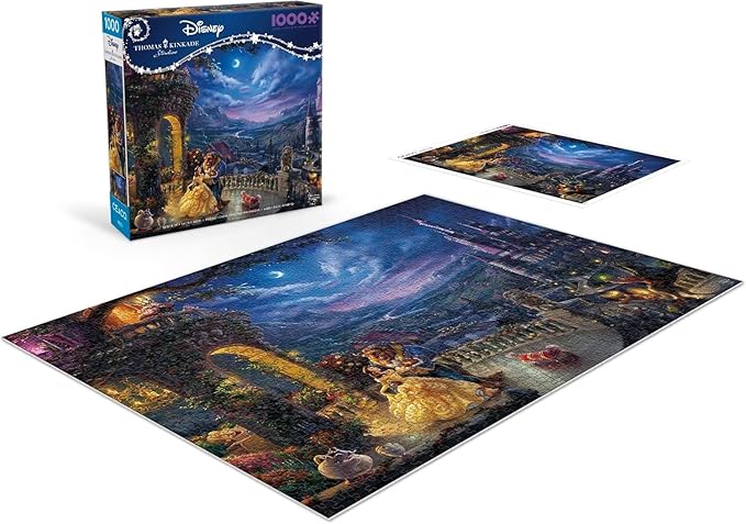 Ceaco - Thomas Kinkade Disney Beauty & The Beast Dancing in The Moonlight 1000 Piece Jigsaw Puzzle, Made in USA, Premium Recycled Board, Full-Color Poster
