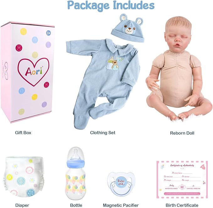 Aori Reborn Baby Dolls Boy - 18 Inch Realistic Sleeping Newborn Doll Soft Cloth Body Handmade Lifelike Baby Doll with Outfit Set - Weighted Baby Boy for Role Play, Gift for Kids 3+