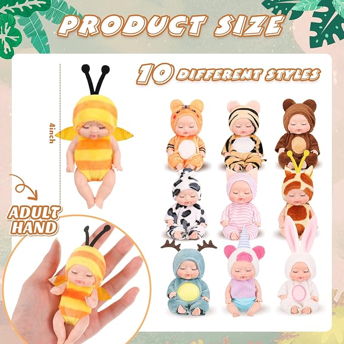 Hanaive 10 Pcs 4 Inch Mini Baby Dolls Lifelike Realistic Tiny Baby Dolls with Animal Clothes Cute Infant Figurine Gifts Set for Toddlers Girls Kids 3+ Easter Graduation Birthday(Lovely Style)