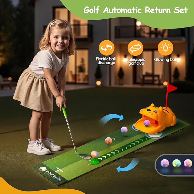 Putting Green Indoor with Toddlers Golf Clubs，Party Game with Automatic Golf Bounce Back Machine,Outdoor Training mats,Light up Balls,Gifts for 3 Year Old boy&Girl