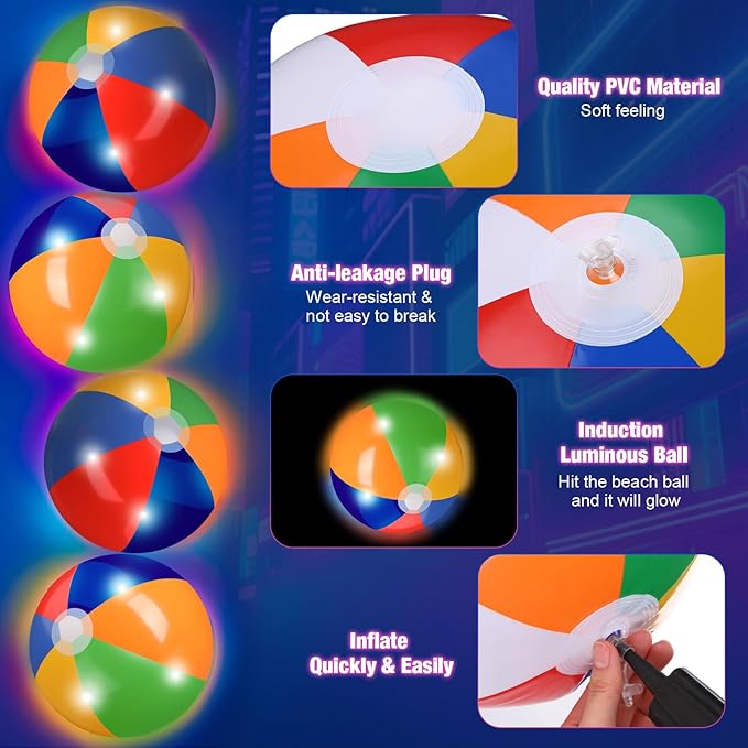 4 Pcs Light up Beach Balls 16'' Jumbo Pool LED Balls Glow in the Dark Neon Giant Inflatable for Summer Hawaiian Tropical Theme Beach Party Decor Water Accessory (Multicolor)