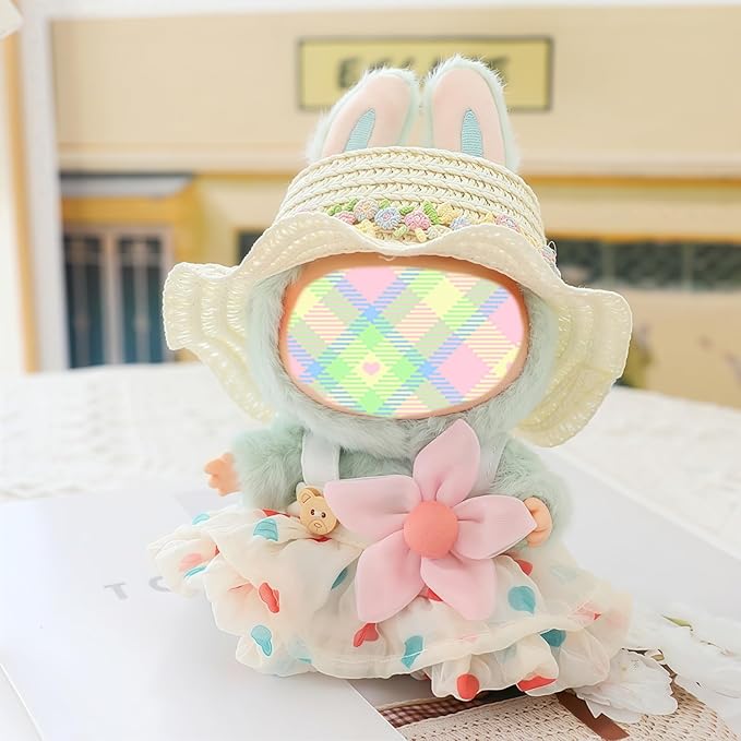 Clothes for Lu bubu 17cm Dolls Accessories (No Doll), Kawaii Hat Skirt Outfit Set 3 Pieces for 17cm Dolls Suit, Stylish Flower Doll Hat Clothing Set Replacement Beige