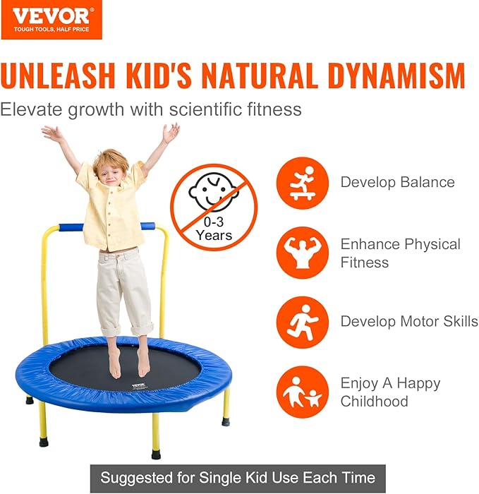 VEVOR 3FT Trampoline for Kids, 36" Trampolines Indoor/Outdoor Trampoline for Toddlers, Foldable Mini Baby Jump Toy with Foam Handle, Recreational Trampolines Birthday Gift for 3+ Years Kids