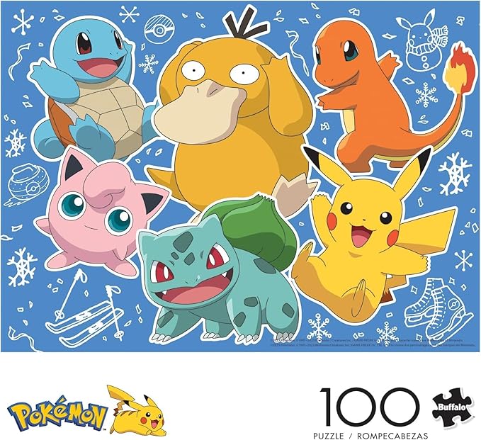 Buffalo Games - Pokémon- Kanto Holiday - 100 Piece Winter Jigsaw Puzzle - Colorful, Christmas Puzzles for Kids and Families– Precision-Cut Pieces, Festive Artwork, Hours of Relaxing Fun