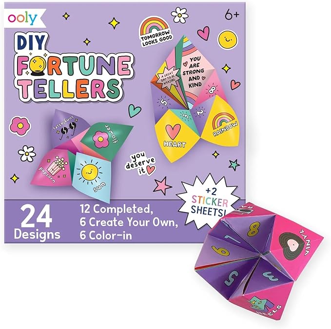 Ooly DIY Paper Kit, 24 Fortune Teller Designs & Stickers, Kit Includes 12 Completed, 6 Blank and 6 Color-in Folding Fortune Teller, Activity Gifts for Kids
