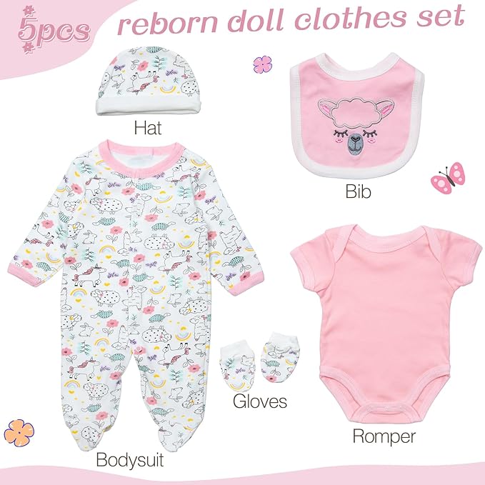 Reborn Baby Dolls Clothes Girl Pink Animal Theme Outfit Accessories 5 Pcs Set for 17-22 Inch Newborn Baby Girl Reborn Dolls Clothes