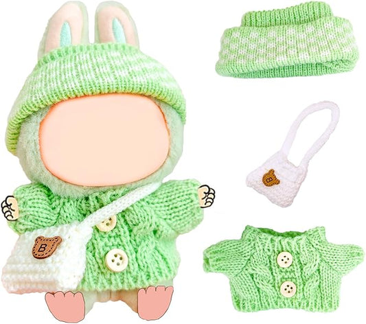 17cm Doll Clothes Set for Lububu, Designer Hand-Crocheted Green Sweater Outfit with Hat & Backpack，Cute Ropa Clothing and Accessories for 15cm Have a Seat Series Dolls Display and Dress-Up