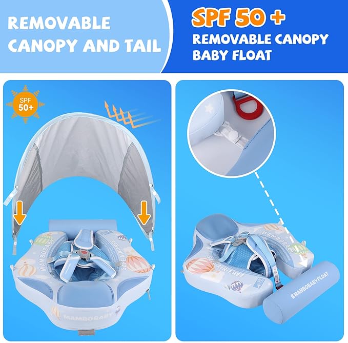 Mambobaby Baby Swim Float with Canopy Non-Inflatable Infant Pool Float with Tail 3-24 Months Avoid Flip Solid Skin-Friendly Material for Toddler Boys Girls