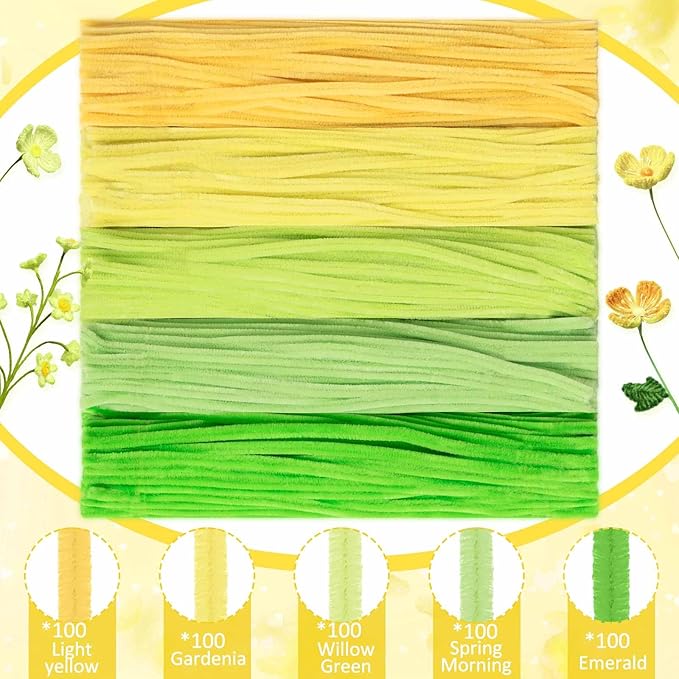 Peryiter 500 Pieces Pipe Cleaners Chenille Stems for Flowers Craft Supplies Bulk Fluffy Fuzzy Sticks for DIY Art Projects Creative Gift Wrapping Party Decorations(Yellow & Green Flower,12 Inch)