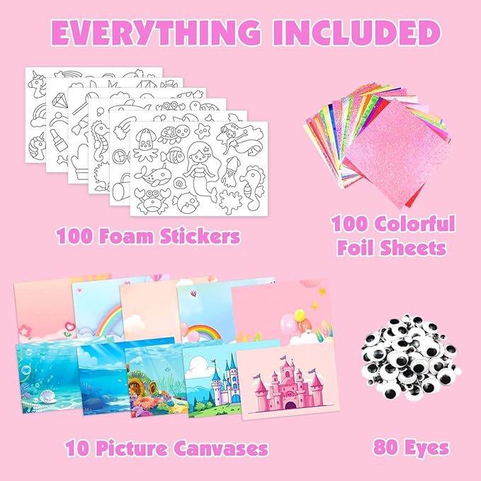 AJAZPER Foil Crafts for Kids, Arts Kit for Kids, Art & Craft Supplies Kits, DIY Creative Activity Travel Toy Gift, Ideal Birthday Christmas Party Favor Gifts for Girls Boys Ages 4+ (Pink)