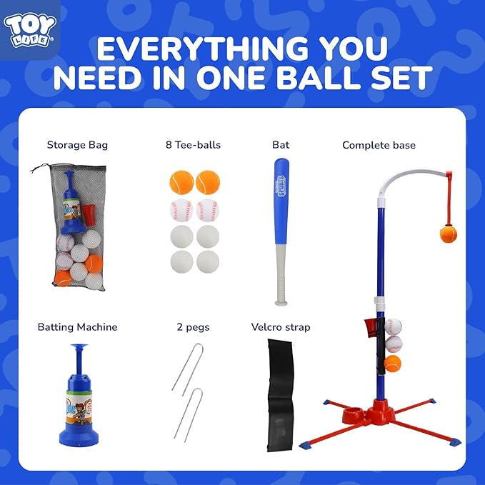 TOY Life 3-in-1 tBall Set for Kids 3-5, Adjustable Toddler T Ball Training Set with Bat, Toddler Baseball Set Semi-Automatic Launcher, Hanging Tee, Soft & Dog Play Balls, Fun Sports Set for Ages 3+