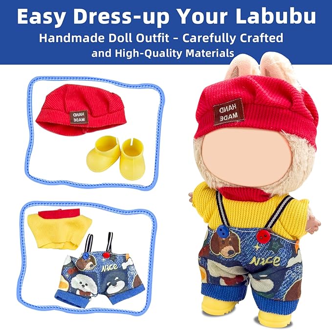 Clothes for Labubu 17cm Doll (NO Doll), 4 Piece Labubu Clothes Set, Cute Labubu Outfits with Accessories, Handmade Crochet La Bubu Doll Dress Up Set（Street Hip hop）