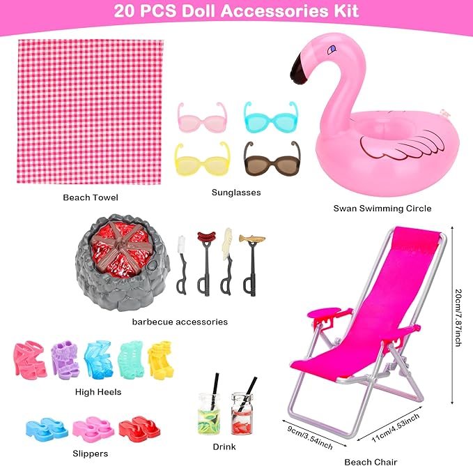 27 Pcs Doll Summer Doll Clothes & Accessories Including 5 Swimsuits 8 Pairs of Shoes Beach Chair Bonfire Swim Ring Summer Accessories for 11.5 Inch Girl Dolls Playset