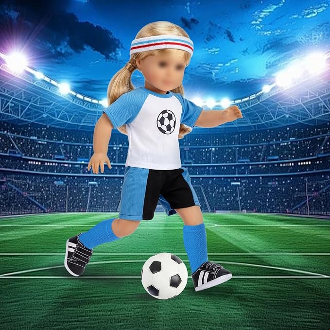 18 inch Doll Clothes, Soccer Uniform Doll Outfit & Accessories Set, Includes Shirt Shorts Socks Headband Shoes Football Key Ring, Sport Doll Clothes Fits 18" Dolls