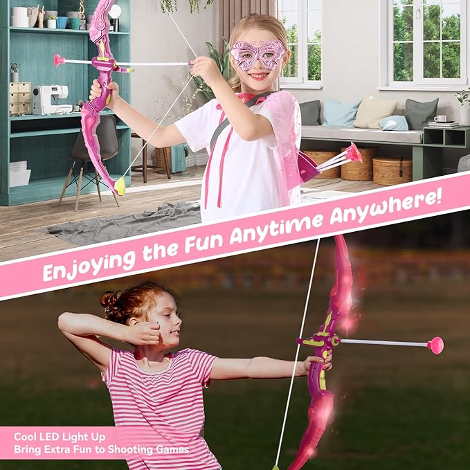 VGOFUN Kids Bow and Arrow Set: LED Light Up Archery Toy with Princess Cape and Headband, 10 Suction Cup Arrows, Outdoor Toys Gifts for 3-8 Year Old Girls (Archery Set with Butterfly Mask)