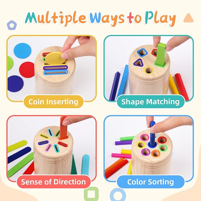4 in 1 Montessori Toys for 2 3 4 Year Old, Wooden Color Sorting Toys for Toddlers 1-3, Preschool Learning Activities Fine Motor Matching Games, 18 Month Old Baby Boys Girls Gifts