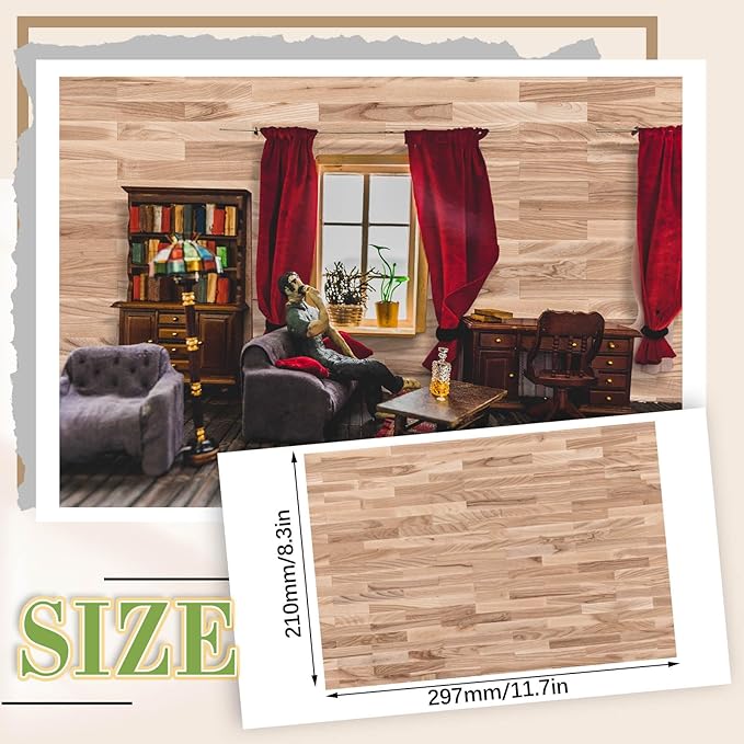 Flutesan 24 Pcs Miniature Dollhouse Wallpaper and Flooring Peel and Stick Mini DIY Self Adhesive Dollhouse Accessories 8.27 x 11.69 Inch (Natural Style)