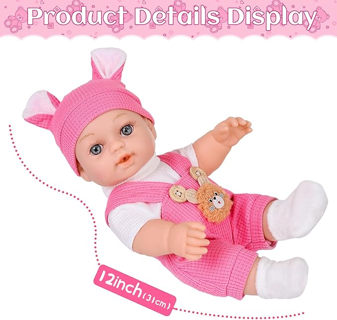 12" Baby Doll With Bear Pattern Backpack Carrier In Gift Box,12 Inch Realistic Baby Dolls With Clothes And Accessories Hanky Pacifier Bottle Pretend Baby Care Toy Collection For Child Toddler 3+ Gifts