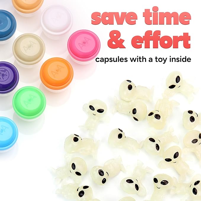 Entervending Alien Toys in Capsules - 100 Pcs of 1.1 Inch Plastic Capsules & 1 Inch Glow in the Dark Alien Figurines for Kids - Party Favors - Classroom Prizes - Toys Bulk for Vending Machine Refill