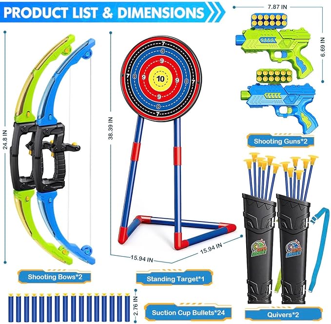 2 Pack Bow and Arrow Toy for 5 6 7 8 9 10+ Year Old Boys, Ideal Gift for Kids, Indoor Outdoor Shooting Game Toy for Ages 4-8 8-12, LED Light Up Archery Set with 12 Suction Cup Arrows