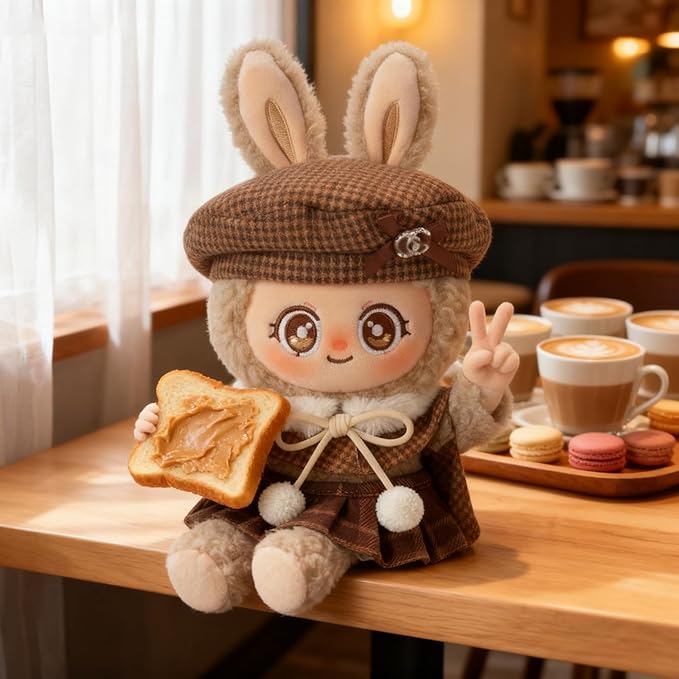 Doll Clothing Set (No Doll), Cute Cropped Straw Hat, Crossbody Bag, Dress, Suitable for 15-17cm Dolls, Outfit Accessory Set for Unique Styling (Brown-Houndstooth)