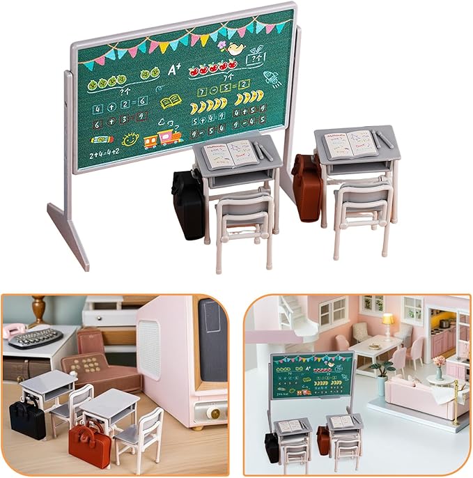 TOYANDONA 13pcs Miniature School Supplies - Doll School Supplies Mini Dollhouse Accessories Include Desk Chair Set Doll Schoolbag Blackboard Book for Miniature Classroom Furniture