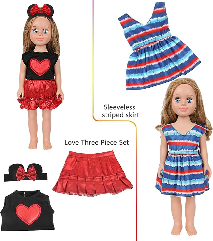 MSYO 10 Sets (18 Pcs) Doll Clothes for 17-18 Inch Dolls, Diverse Outfits (Floral Dress, Heart Print, Rainbow Shirt) & Casual Wear, Fashion Dress-Up Set