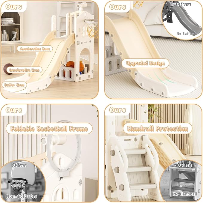 XJD 5 in 1 Toddler Slide, Kids Slide for Toddlers Age 1-3, Outdoor Indoor Playset for Toddlers with Basketball Hoop and Ball, Storage Space Birthday Gifts for Toddler (Beige)