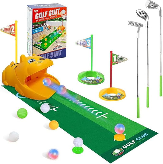 Upgraded Kids Toy Golf Set with Tiger Automatic Returner, Led Light Up Night Golf Balls, 3 Clubs, Putting Mat, 3-8 Toddler Mini Golf Games, Indoor Outdoor Sports Toys for Kids