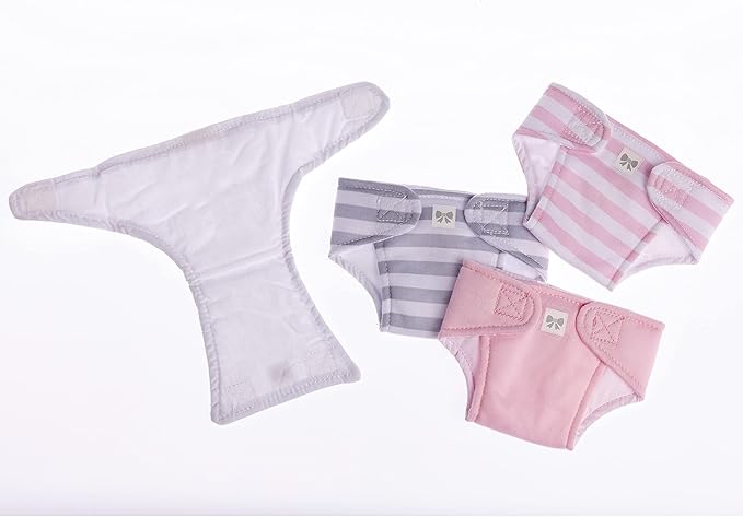 JC Toys Baby Doll 4 Pack Fabric Diapers | Washable, Reusable, Adjustable Eco Diapers | Fits Dolls 14 to 18 inch in Pink/White/Grey