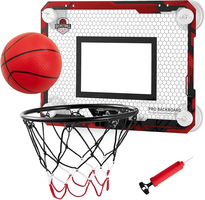 BOHEN Indoor Mini Basketball Hoops with Powerful Suction Cup, Stick to Windows, Wooden Doors, Smooth Walls - Basketball Backboard Indoor Bedroom Office for Kids Teens Adults