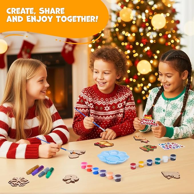 JoyCat DIY Wooden Magnets Kit, 13 Pcs Christmas Art Supplies, Painting Kit, Arts and Crafts for Kids Ages 4-8 8-12, Party Favors, Christmas Crafts, Birthday Gifts, Toys for Boys Girls