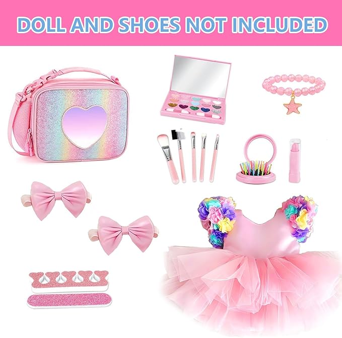 BDDOLL American 18 Inch Doll Clothes and Accessories Makeup Playset Including Fashion Skirt, Bag, Eye Shadow Plate, Lipstick, Comb Mirror, Pair of Hairpins, Makeup Brushes, Bracelet（NO Dolls）