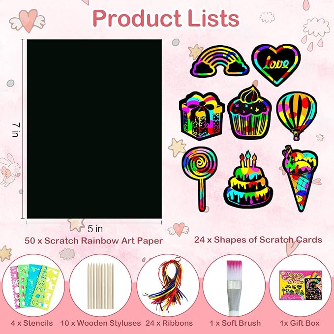 Rainbow Scratch Paper Art for Kids: 50PCS Magic Arts Crafts Gifts Toys for Girls Boys Ages 3-12 Games Activities for Birthday Party Family Day Classroom Prizes Easter Basket Stuffers
