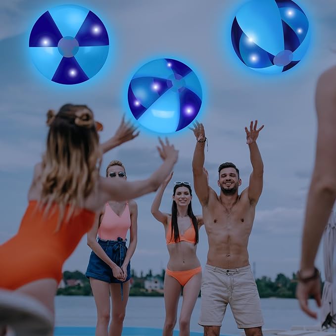 12 Pcs Light up Beach Balls 16'' Jumbo Pool LED Balls Glow in the Dark Neon Giant Inflatable for Summer Hawaiian Tropical Theme Beach Party Decor Water Accessory (Blue)