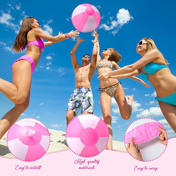 24 Pack 16 Inch Pink and White Inflatable Beach Balls Bulk PVC Beach Balls Blow up Water Games Toys for Kids Summer Swimming Pool Party Favors Hawaiian Tropical Theme Party Supplies