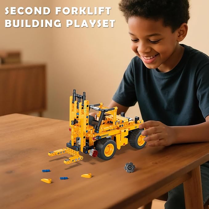 2-in-1 Construction Vehicle Building Blocks Set: Convertible Mining Dump Truck & Forklift Toy with Rotating Axle for Realistic Play – STEM Learning Toys for Kids Ages 8-12