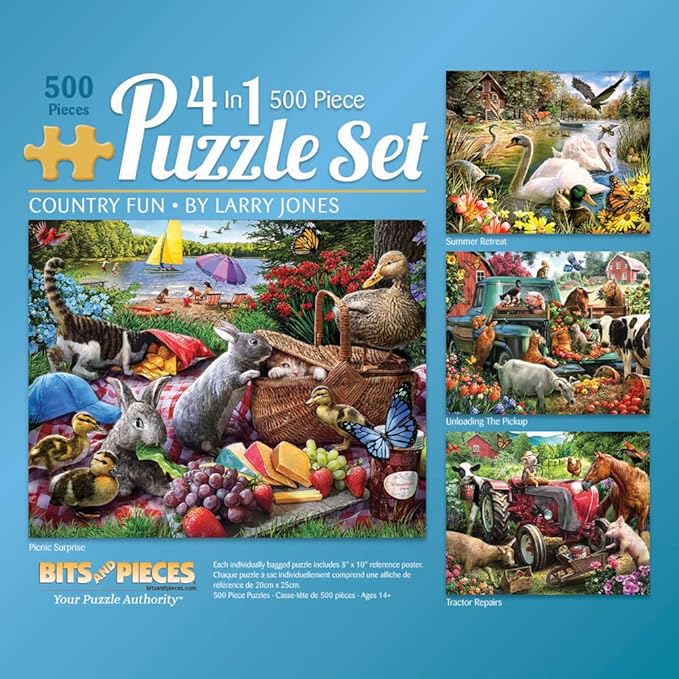 Bits and Pieces – 4-in-1 Multipack Jigsaws 500 Piece Puzzles for Adults - Puzzles Measures 18" x 24" – Picnic Surprise Pickup Tractor Summer Retreat 500 pc Multipack Jigsaws by Artist Larry Jones
