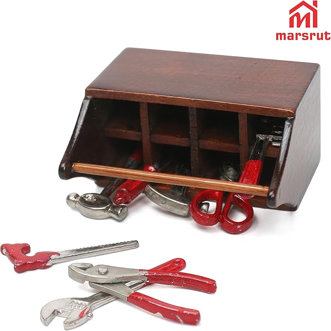 Miniature Tool Box Dollhouse 1/12 Scale Kit Set, 8Pcs Metal Working Tools with Mini Wood Toolbox, Doll Garage Accessories, Tiny Model for House Building, Garden Outdoor Repair, Rustic Farm Crafts