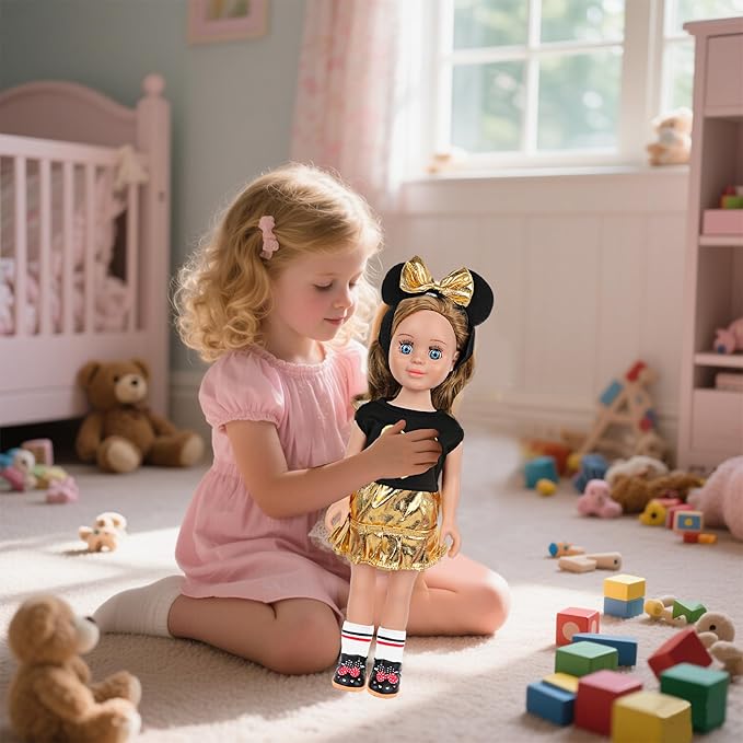 MSYO 18 Inch Doll Clothes and Accessories Set,Black Gold Heart Top & Metallic Gold Skirt Outfit with Mouse Ears Headband,Sunglasses,Socks,Shoes,Bracelet,Fits 16-18 Inch Baby Dolls(Gold)