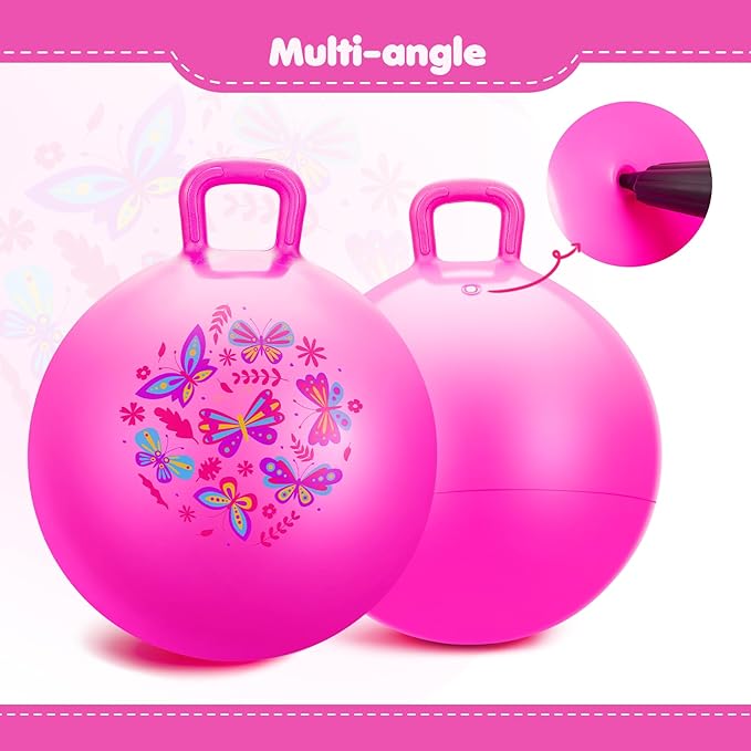 EVERICH TOY Hopper Ball, Pink Butterfly Hopping Toys for Kids, 20 Inch Bouncy Ball with Handle, Indoor Outdoor Inflatable Hippity Hop Toy for Girls Boys Gift with Free Pump