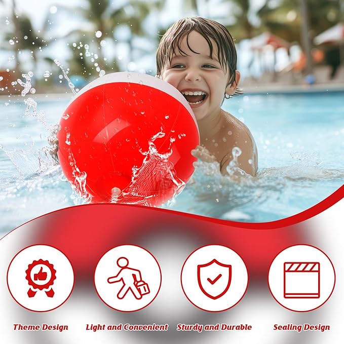 12PCS Beach Ball Set-12Inch Vibrant Red & White -Themed Inflatable Balls for Kids' Cartoon Birthday Parties, Summer Pool Games,Animated Decorations,Bulk Party Favors,Beach-Themed Events