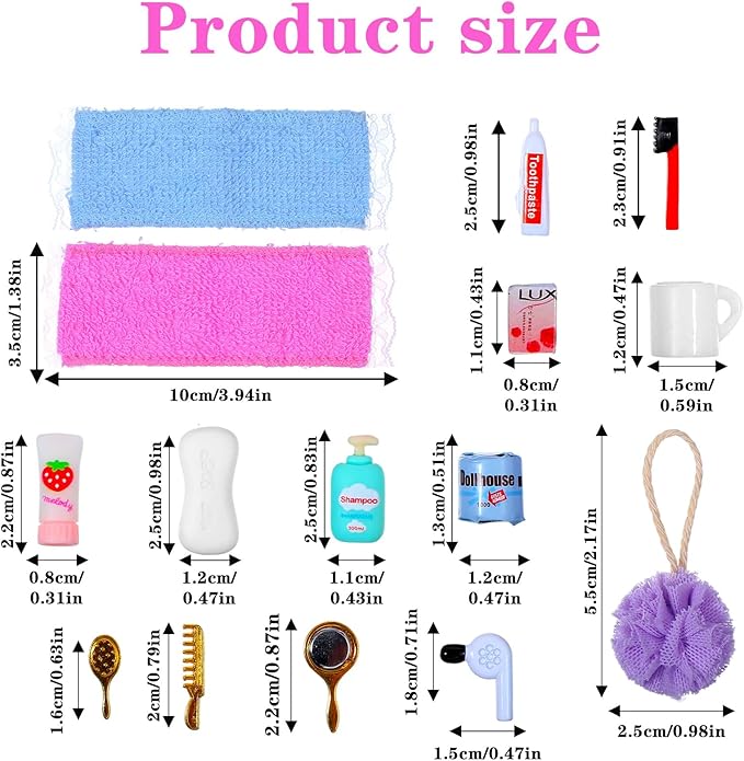 15 Pcs Dollhouse Bathroom Accessories, Mini Bath Accessories for Dollhouse Decoration, Mini Hair Dryer Brush Comb Mirror Towel Soap Toothpaste Toothbrush Makeup Set for House Bedroom Decoration