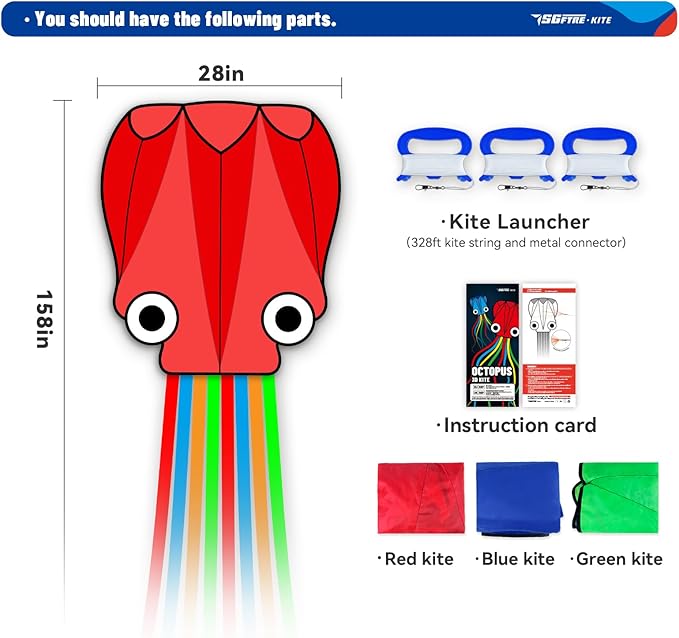 3 Piece Set Octopus Kites for Kids and Adults，Easy to Fly for Outdoor Adults Children Line Kite for Kids Toy (Octopus red Blue Green 3-piece Set, 3)