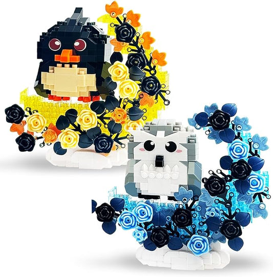 2 in 1 Micro Bricks Bird, Owl & Eagle with Black Roses Flowers moon Building set, Animals with Moon Flowers Mini Building Blocks Toy, Gothic Home Decor, Goodie Bags Stuffers, Birthday Party Favors