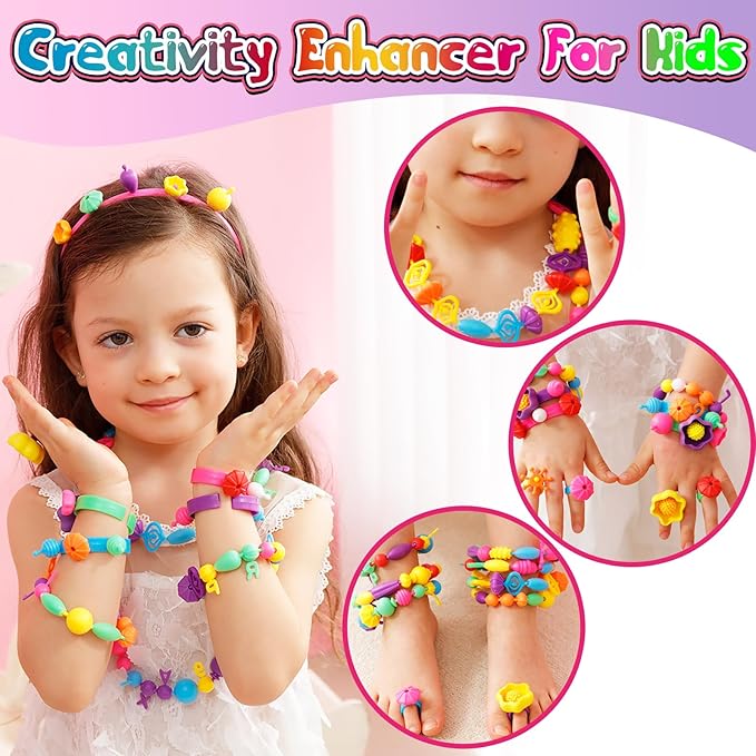 FUNZBO 850pcs Pop Beads - Jewelry Making Kit for 3 4 5 6 7 8 Year Old Little Girls, Arts and Crafts Toys for Kids, Necklace Bracelet Ring Hairband Creativity Snap Set, Easter Birthday Gifts for Kids
